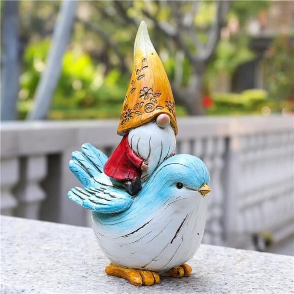 Garden Gnome Statue Outdoor Decor - Garden Gnomes Sitting on Bird Statue - Picture 2 of 7